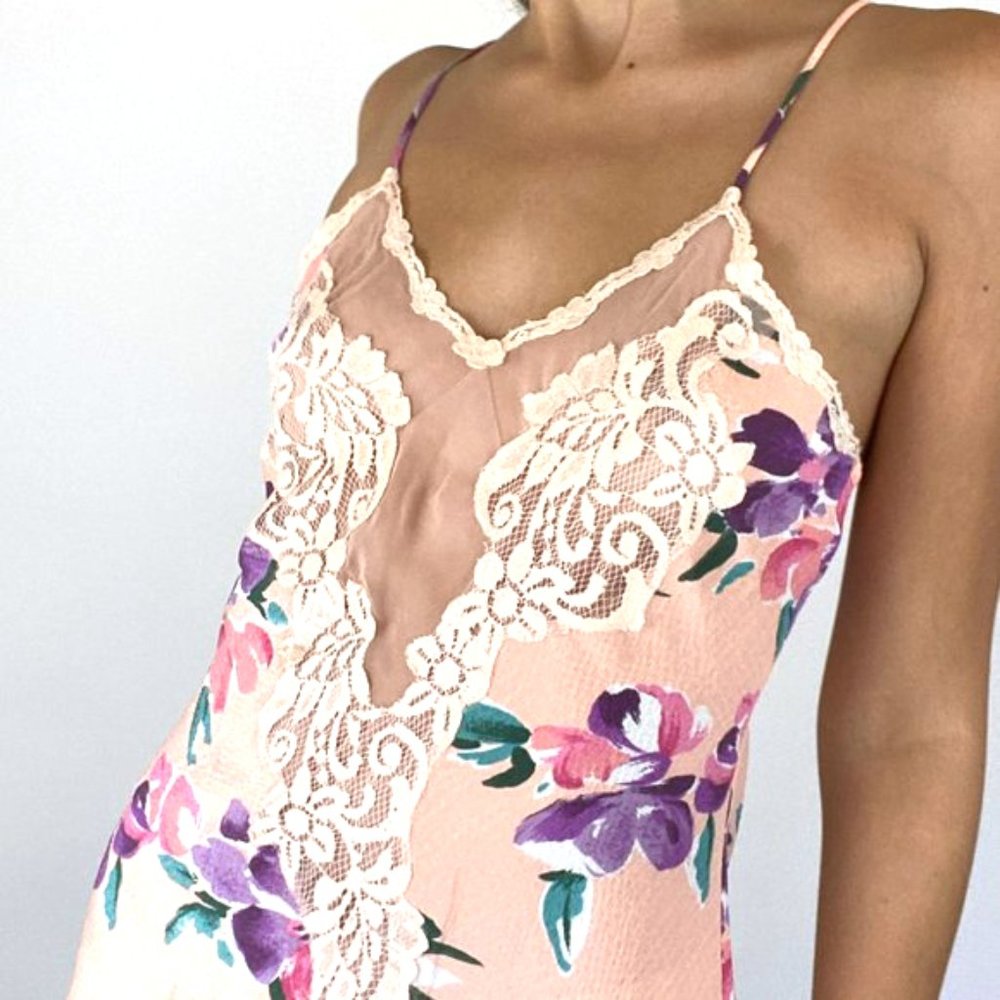 Vintage Peach Floral Ruffle Lace Mini Slip Dress - Picture 5 of 12